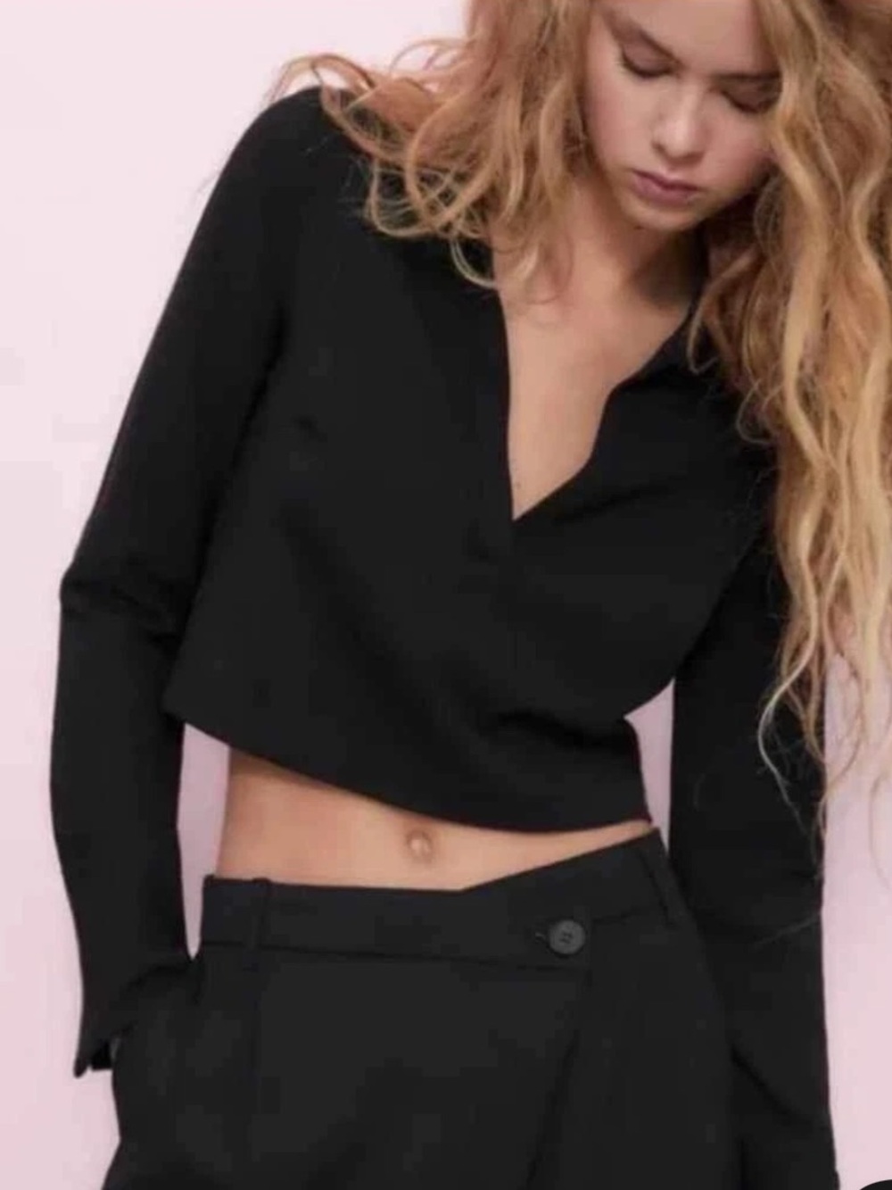 NEW Zara Black Collared Cropped Long Sleeve Top XS